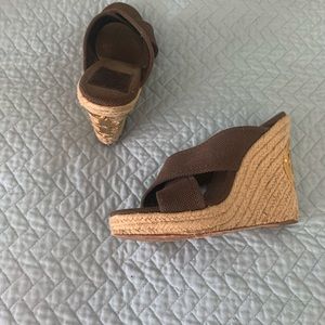 Tory Burch Brown Canvas Heels 8m Wedges